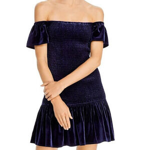 Aqua Smocked Mini Velvet Dress XS Off The Shoulder Navy Blue Ruffle Flounce New